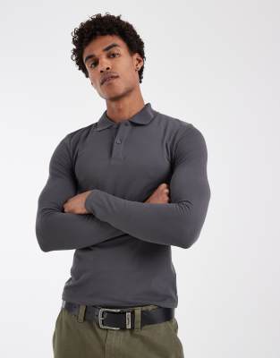 Asos Design Essentials Long Sleeve Muscle Fit Polo In Gray