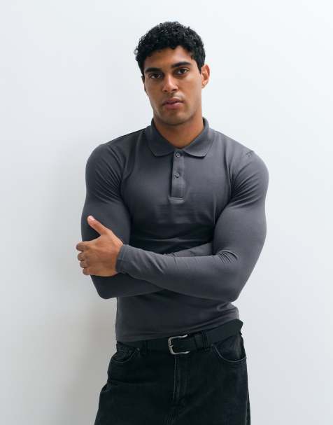 ASOS DESIGN Essentials long sleeve muscle fit polo in charcoal pique