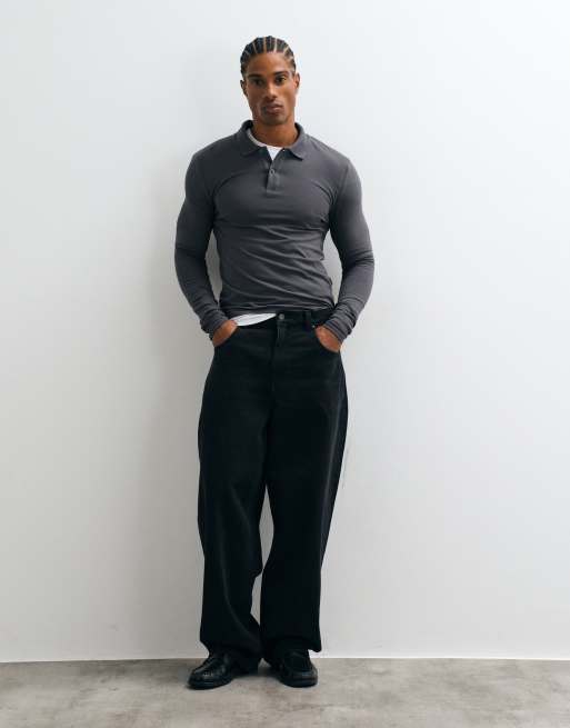 ASOS DESIGN Essentials long sleeve muscle fit polo in charcoal pique, 2 of 5