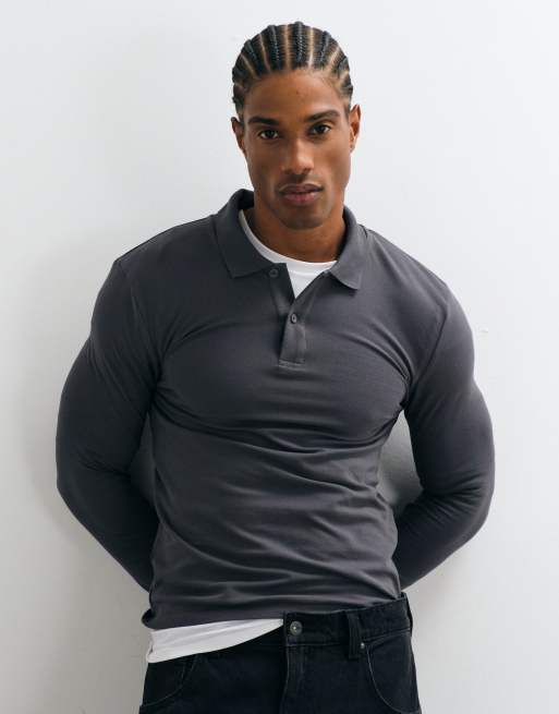 ASOS DESIGN Essentials long sleeve muscle fit polo in charcoal pique, 3 of 5