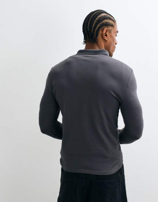 ASOS DESIGN Essentials long sleeve muscle fit polo in charcoal pique, 4 of 5