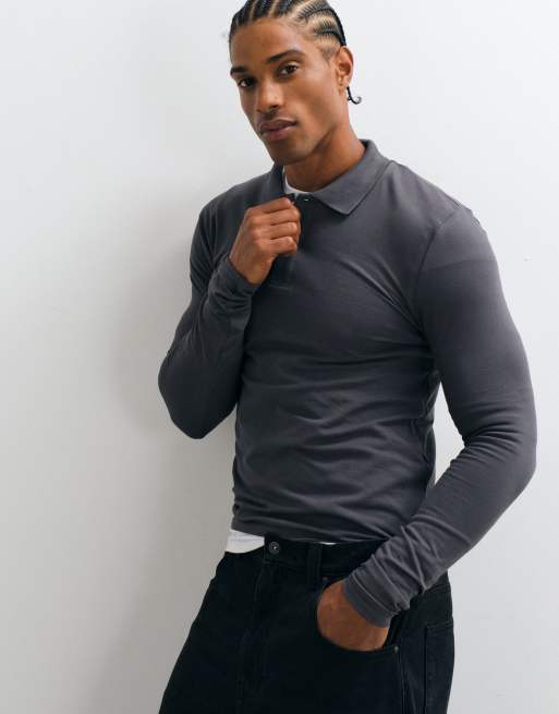 ASOS DESIGN Essentials long sleeve muscle fit polo in charcoal pique, 5 of 5