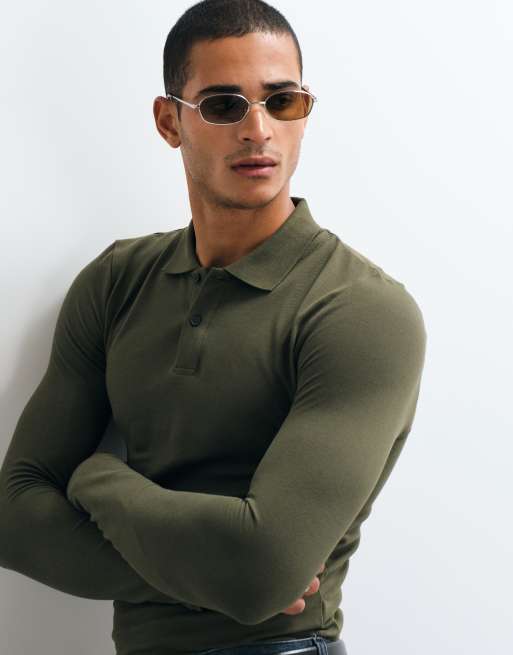 ASOS DESIGN Essentials long sleeve muscle fit polo in khaki pique, 3 of 5
