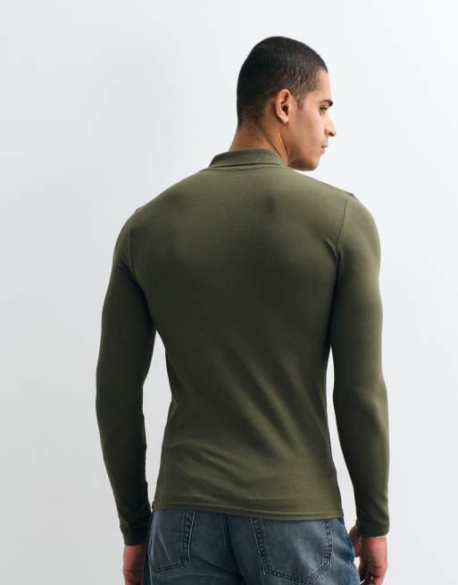 ASOS DESIGN Essentials long sleeve muscle fit polo in khaki pique, 4 of 5