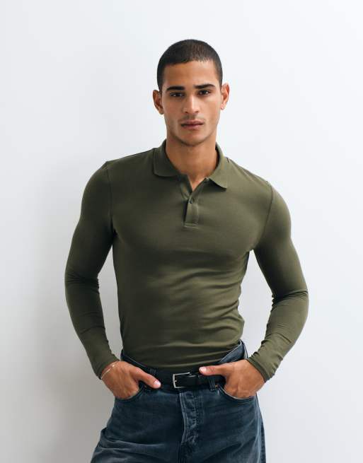 ASOS DESIGN Essentials long sleeve muscle fit polo in khaki pique, 5 of 5