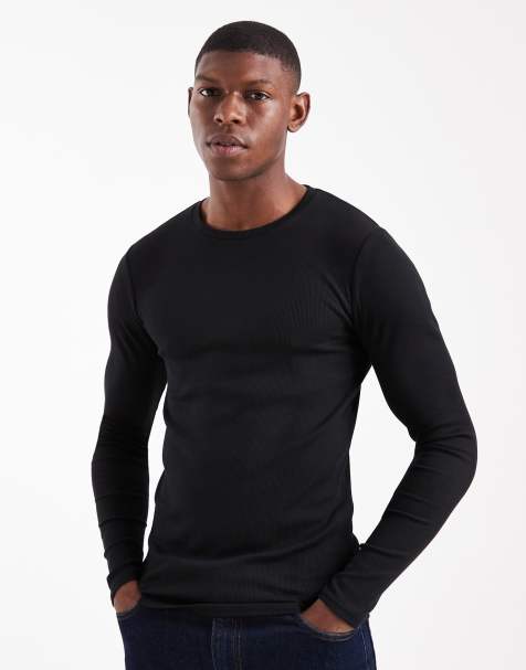 ASOS DESIGN Essentials long sleeve muscle fit t-shirt in black rib knit - view 1