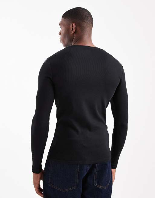 ASOS DESIGN essentials long sleeve muscle t-shirt in black rib, 3 of 5