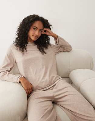 Asos Design Essentials Long Sleeve Pajama Set In Neutral
