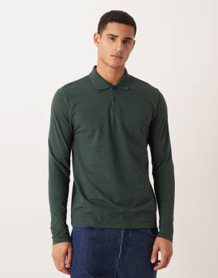 Asos Design Essentials Long Sleeve Pique Polo In Green