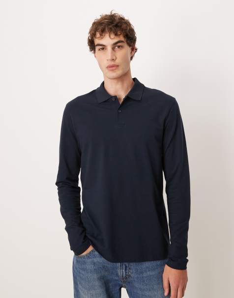ASOS DESIGN essentials long sleeve polo in navy pique - view 1