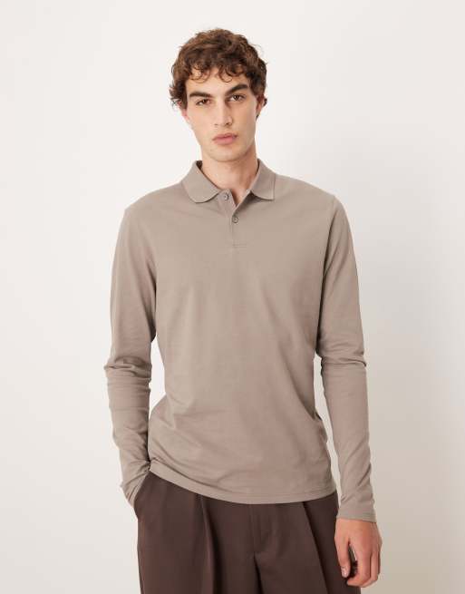 ASOS DESIGN Essentials long sleeve polo shirt in beige pique