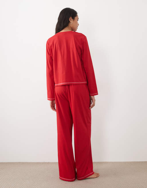ASOS DESIGN Essentials long sleeve pyjama set in red with contrast overlock stitch, 4 of 4
