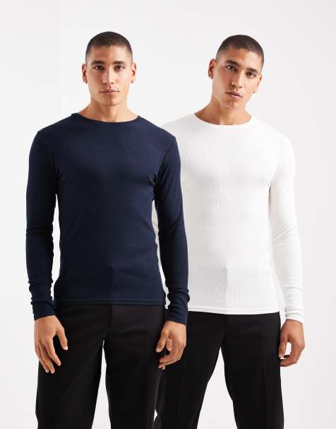 ASOS DESIGN - Essentials - Lot de 2 t-shirt moulants en tissu côtelé à manches longues - Crème et bleu marine - view 1