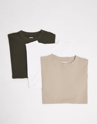 ASOS DESIGN - Essentials - Lot de 3 t-shirts oversize - Blanc, beige et kaki-Multicolore