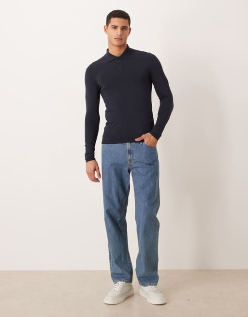 ASOS DESIGN – Essentials – Marinblå pikétröja i muscle fit med långa ärmar, 2 av 5