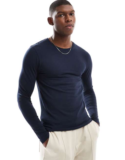 ASOS DESIGN - Essentials - Marine og tætsiddende T-shirt med lange ærmer