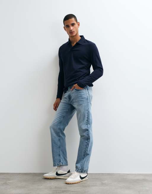 ASOS DESIGN - Essentials - Marineblå polo med lange ærmer i piqué i regular fit, 5 af 5
