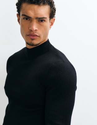Asos Design Essentials Micro Rib Knit Muscle Fit Lightweight Turtle Neck Sweater In Black