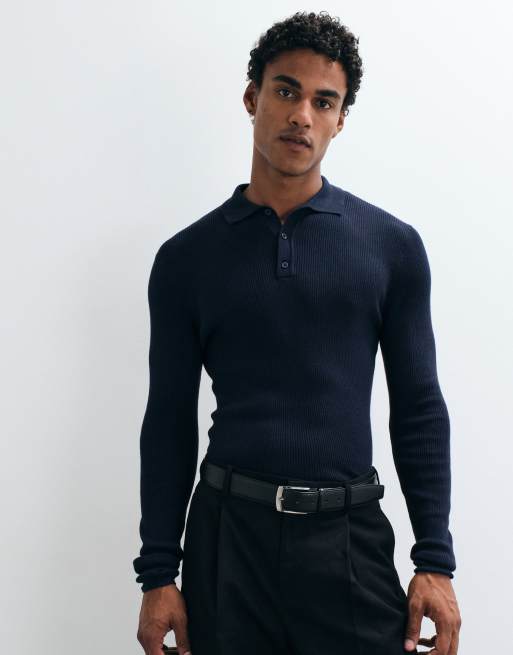 ASOS DESIGN Essentials micro rib muscle fit lätt stickad pikétröja i navy, 2 av 5