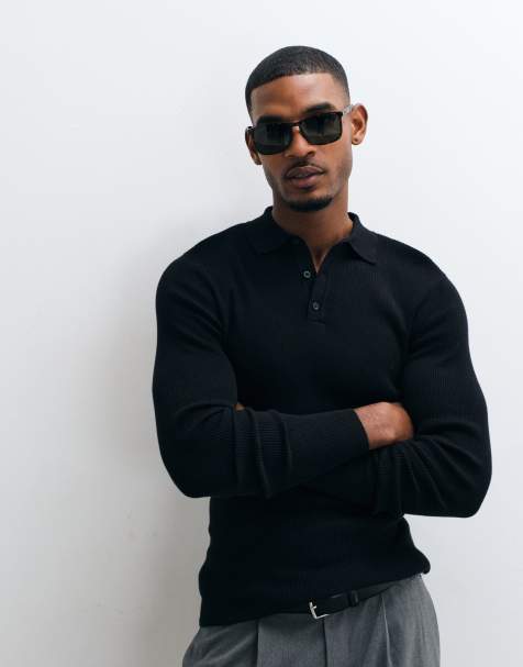 ASOS DESIGN Essentials micro rib muscle fit lätt stickad pikétröja i svart - BLACK - view 1