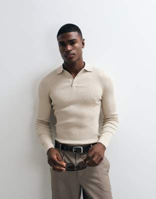 Asos Design Essentials Micro Rib Muscle Fit Lightweight Knit Polo In Neutral