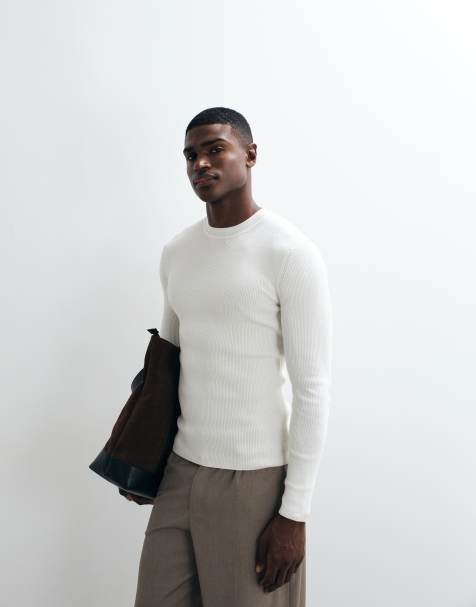 ASOS DESIGN Essentials micro rib muscle fit lightweight knit sweater in ecru - view 1