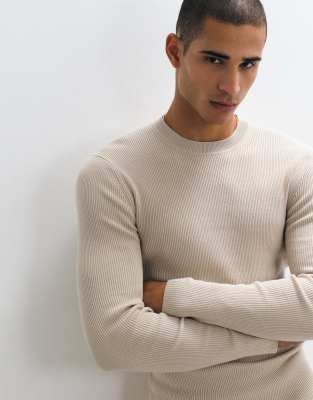 Asos Design Essentials Micro Rib Muscle Fit Lightweight Knit Sweater In Neutral