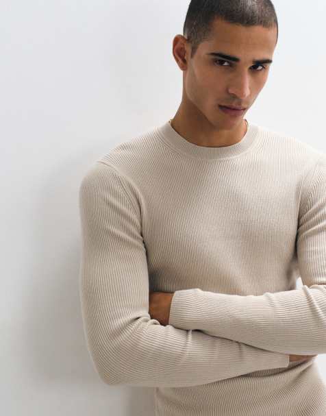 ASOS DESIGN essentials micro rib muscle fit lightweight knitted jumper in stone - view 1