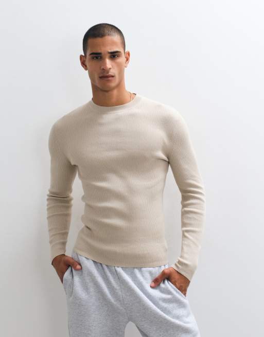 ASOS DESIGN essentials micro rib muscle fit lightweight knitted jumper in stone, 2 of 5