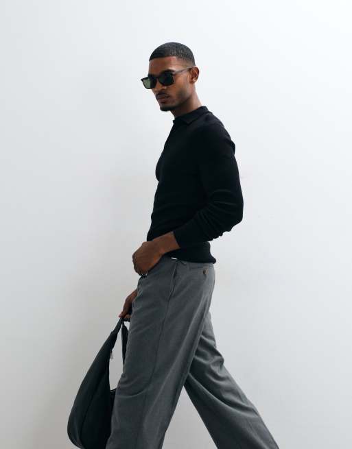 ASOS DESIGN Essentials micro rib muscle fit lightweight knitted polo in black - BLACK, 5 of 5