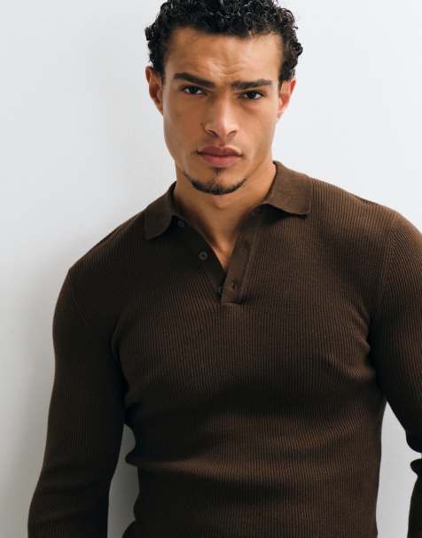 ASOS DESIGN Essentials micro rib muscle fit lightweight knitted polo in brown - view 1