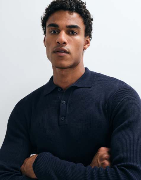 ASOS DESIGN Essentials micro rib muscle fit lightweight knitted polo in navy - view 1