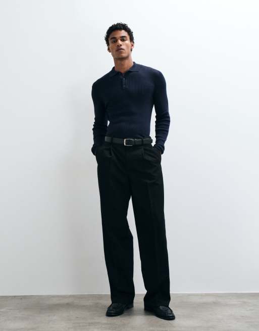 ASOS DESIGN Essentials micro rib muscle fit lightweight knitted polo in navy, 3 of 5