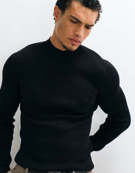 ASOS DESIGN essentials micro rib muscle fit lightweight knitted turtle neck jumper in black, 3 of 5