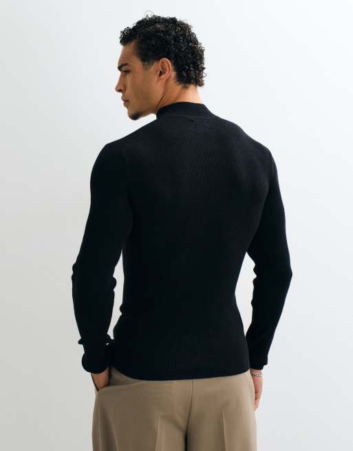ASOS DESIGN Essentials micro rib tætsiddende let striktrøje med rullekrave i sort, 4 af 5