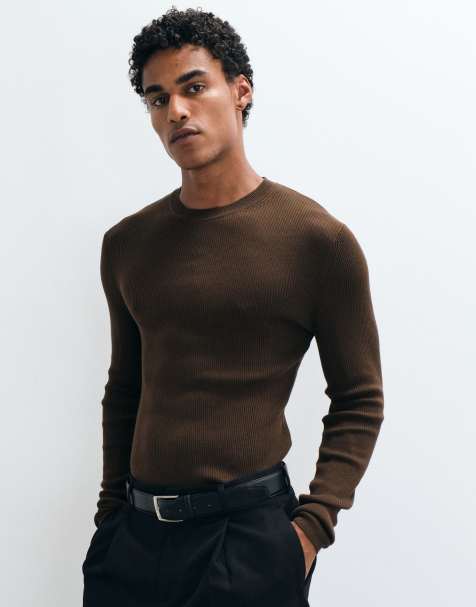 ASOS DESIGN Essentials mikro rib tætsiddende let striktrøje i brun - view 1
