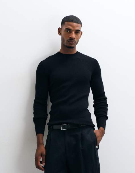 ASOS DESIGN Essentials mikro ribstrikket tætsiddende let striktrøje i sort - view 1
