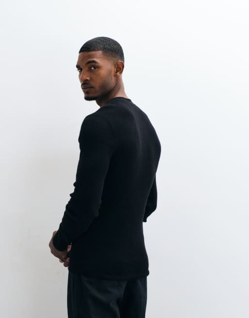 ASOS DESIGN Essentials mikro ribstrikket tætsiddende let striktrøje i sort, 4 af 5