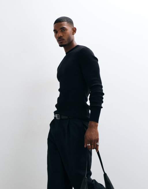 ASOS DESIGN Essentials mikro ribstrikket tætsiddende let striktrøje i sort, 5 af 5