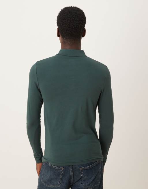 ASOS DESIGN – Essentials – Mörk khakigrön pikétröja i muscle fit med långa ärmar, 3 av 5