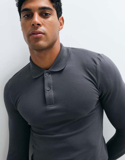 ASOS DESIGN – Essentials – Mörkgrå pikétröja i muscle fit med långa ärmar, 2 av 5