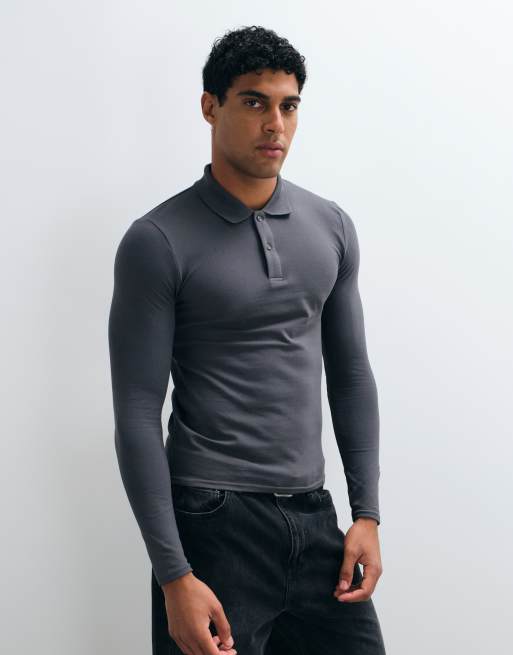 ASOS DESIGN – Essentials – Mörkgrå pikétröja i muscle fit med långa ärmar, 5 av 5
