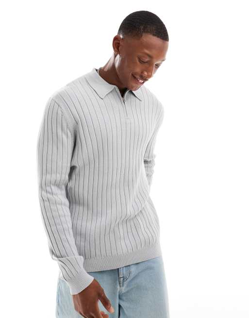 ASOS DESIGN - Essentials - Muscle-fit gebreide polotrui met ribbels en korte rits in lichtgrijs