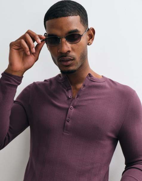 ASOS DESIGN Essentials muscle fit henley T-shirt met lange mouwen in bordeauxrood geribd - view 1