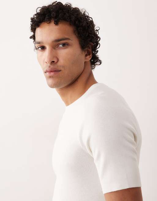 ASOS DESIGN Essentials muscle fit knitted rib saddle sleeve t-shirt in ecru, 2 of 5