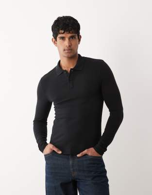 Essentials muscle fit long sleeve polo in black pique