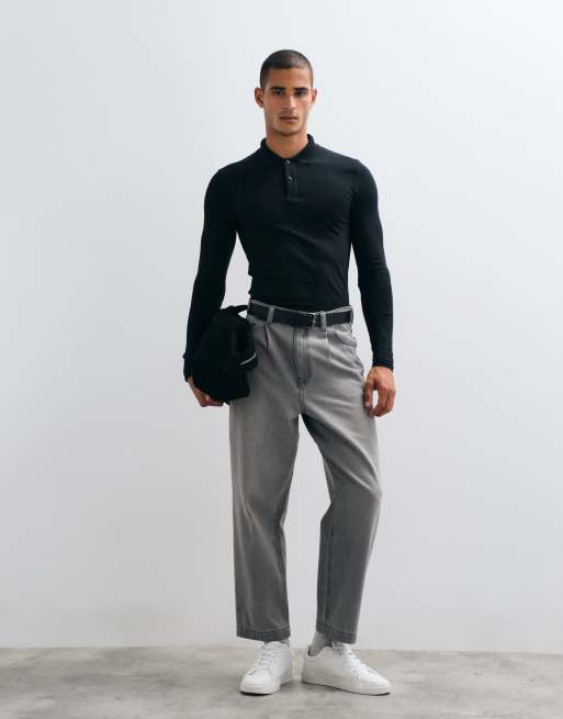 ASOS DESIGN Essentials muscle fit long sleeve polo in black pique, 2 of 5