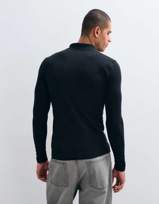 ASOS DESIGN Essentials muscle fit long sleeve polo in black pique, 3 of 5