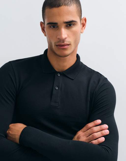 ASOS DESIGN Essentials muscle fit long sleeve polo in black pique, 4 of 5