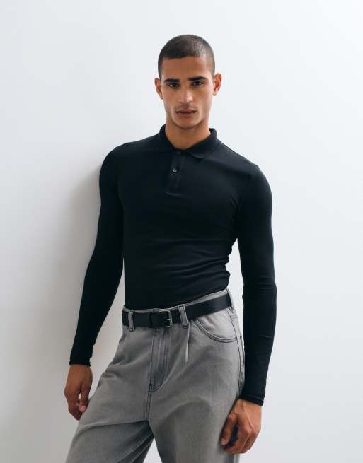 ASOS DESIGN Essentials muscle fit long sleeve polo in black pique, 5 of 5